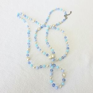 Light Blue Beaded Faux White Pearl Necklace 19" to 22"